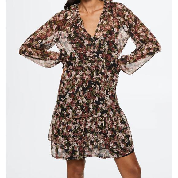Mango Womens Sheer Chiffon Ruffle Short Dress Floral Size 6 Ethereal Cottage - Picture 1 of 7